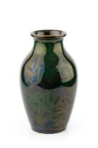 Pilkington's Royal Lancastrian Vase decorated with fish in dark lustre on a green ground impressed