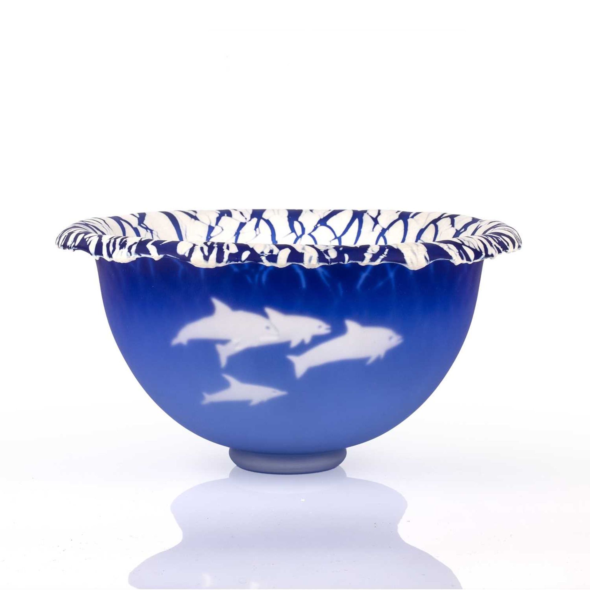 Malcolm Sutcliffe (b.1954) Bowl glass, etched with dolphins signed 14cm high, 25cm diameter.