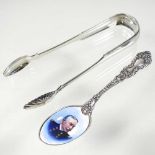 Silver tongs and spoon
