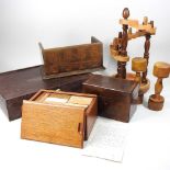 A wooden brick game, tea caddy and book stand