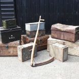 A collection of vintage boxes and tins, and a wooden scythe