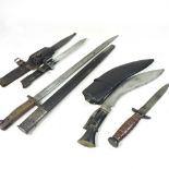 A bayonet, US military dagger, kukri and knife