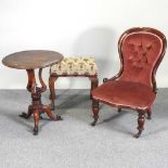 A Victorian table, stool and chair
