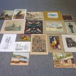 A collection of unframed pictures