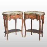 A pair of French marble top marquetry tables