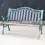 A green painted metal and slatted wood garden bench