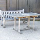 A garden bench and table