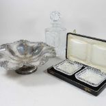 A silver plated dish and decanter