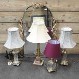Four table lamps and mirror