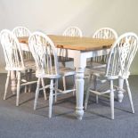 A pine and white painted table and chairs