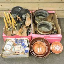 Two boxes of metal wares and other items