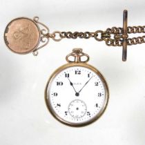 An early 20th century Elgin open faced pocket watch, on a gold plated chain, suspended with a 9