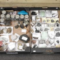 Two boxes of various rock and mineral samples, mostly labelled