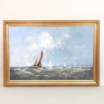 George William Gill, b1949, Yacht racing, signed, oil on board, 56 x 87cm, label verso Overall
