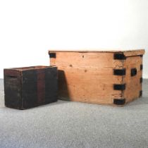 An antique pine and iron bound trunk, together with a painted wooden munitions box and four