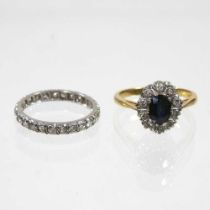 A gold, sapphire and diamond cluster ring, 3.6g, size N, together with a diamond set full hoop