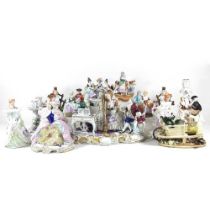 A large Dresden porcelain figure group, of three musicians, 33cm wide, together with a collection of
