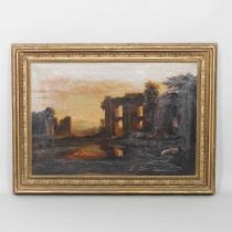 Continental school, 19th century, landscape with ruins, oil on canvas, 52 x 75cm