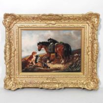 English school, early 20th century, landscape with horses, dogs and game birds, oil on canvas, 25