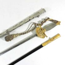 A Victorian Court sword, having a wire bound grip, with coronet hilt and shell guard with VR