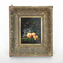 Continental school, 20th century, still life of fruit on a table, signed indistinctly, oil on panel,