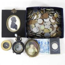 A collection of coins, together with two portrait miniatures, a mid 20th century military pocket