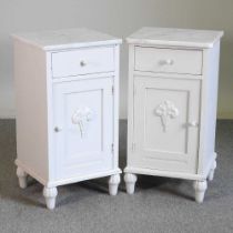 A pair of white painted bedside cabinets, each with a white marble top (2) 42w x 39d x 81h cm