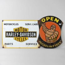 A vintage style Michelin painted enamel advertising sign, 35 x 28cm, together with another Harley