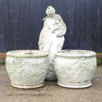 A cast stone garden statue of a lady, 77cm high, together with a pair of cast stone garden pots (3)