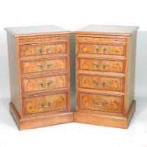 A pair of bespoke made burr oak and crossbanded bedside chests, each fitted with a brushing slide (