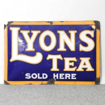 A vintage enamel sign, Lyons Tea Sold Here, 50 x 75cm This appears to have some age and not a recent