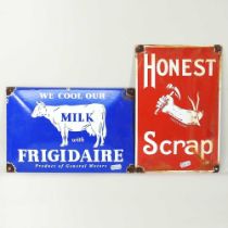 A vintage style enamel Milk advertising sign, 21 x 30cm, together with another Honest Scrap (2)