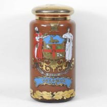 A mid 20th century painted glass chemist's jar and cover, with an armorial inscribed Sulphur, 33cm