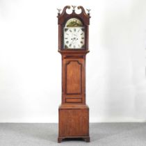 A George III oak and mahogany cased longcase clock, the painted dial, signed Abr. Hopkins, Bourn,