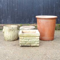 A pair of cast stone garden pots, together with a glazed pot, 49cm high and another smaller (4)