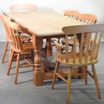 A pine dining table, on turned legs, together with a set of six dining chairs (7) 185w x 90d x 75h
