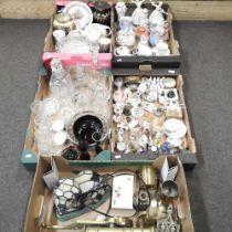 Five boxes of decorative china and metalware, to include table wares, glass and lights