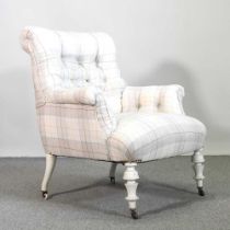 A Victorian check upholstered button back chair, with later white painted legs