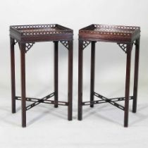 A pair of Edwardian Chippendale revival lamp tables, with fret carved decoration, on square legs (2)