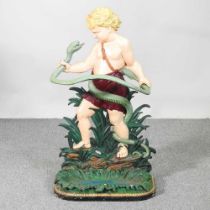 A cast iron stick stand, of Coalbrookdale style, modelled as Hercules holding a snake, later