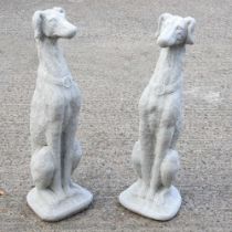 A pair of cast stone garden statues of seated greyhounds, 83cm high