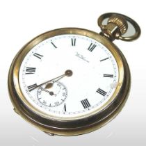 An early 20th century Waltham gold plated pocket watch, with inscription dated 1914, 45mm diameter