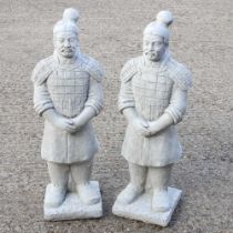 A pair of cast stone garden statues, of Oriental figures, 71cm high (2)