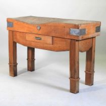 A large butcher's block, with a single drawer, on a pine stand 125w x 50d x 86h cm