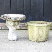 A cast stone bird bath, 44cm high, together with a garden pot (2)