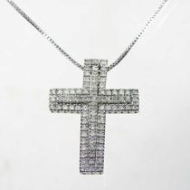 A 9 carat gold cross pendant, 2cm high, suspended on fine gold chain, 4.4g gross, 44cm long, boxed