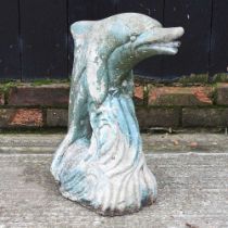 A blue painted cast stone fountain, in the form of a dolphin, 54cm high. According to the vendor,