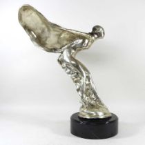 A large Rolls style Spirit of Ecstasy figurine, mid to late 20th century, mounted on a marble