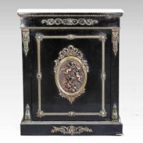 A 19th century French ebonised and gilt metal mounted pier cabinet, with a white marble top and gilt