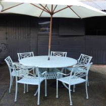 A French grey painted metal garden table, 153cm diameter, together with a set of six matching